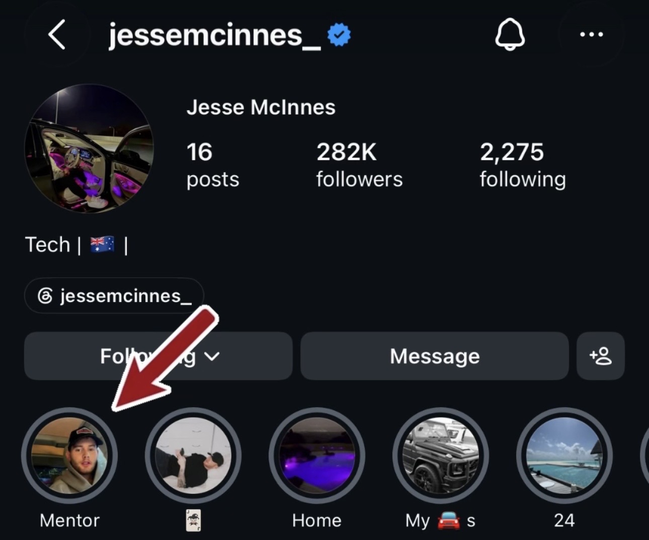 Jesse McInnes Instagram profile showing the Mentor highlight
